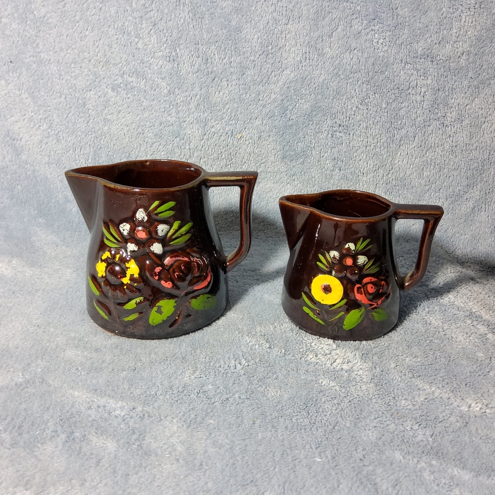 Vintage MCM Redware Brown Ceramic Creamer & Pitcher Set Hand Painted Retro